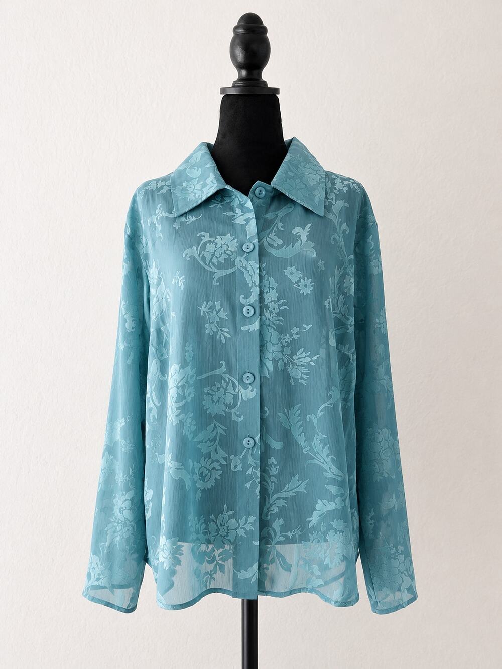 Kari New York Womens XL Blue Sheer Floral Button Front Blouse Plus Size Top